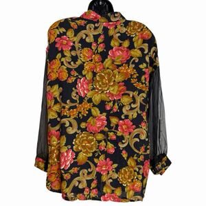 VTG DAVID WAYNE 80s 90s FLORAL BLOUSE SHEER CHIFFON SLEEVES COTTAGE RETRO L XL